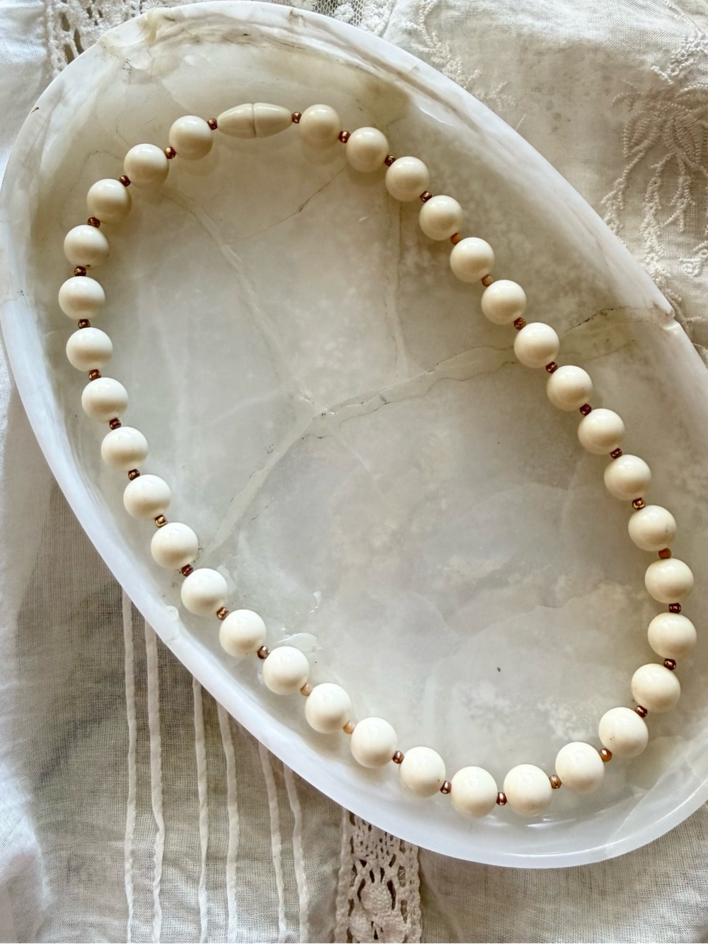 Classic Vintage Cream Beaded Necklace with Gold Accents